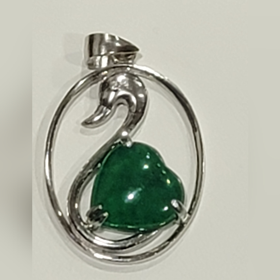 Sterling Silver Swan Pendant W/Green Emerald Colored Stone